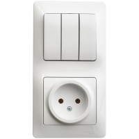 GLOSSA Блок: розетка+выключатель трехклавишный белый