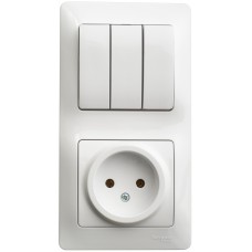 GLOSSA Блок: розетка+выключатель трехклавишный белый