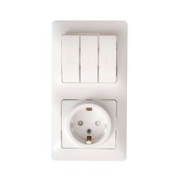 GLOSSA Блок: розетка с заземлением со шторками+выключатель трехклавишный белый