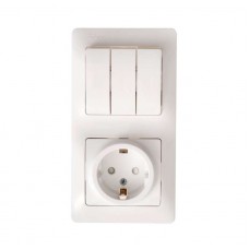 GLOSSA Блок: розетка с заземлением со шторками+выключатель трехклавишный белый