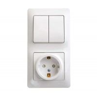 GLOSSA Блок: розетка с заземлением со шторками+выключатель двухклавишный белый