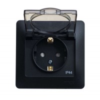 GLOSSA Розетка 1м в рамку с заземлением, со шторками, с крышкой антрацит в сборе